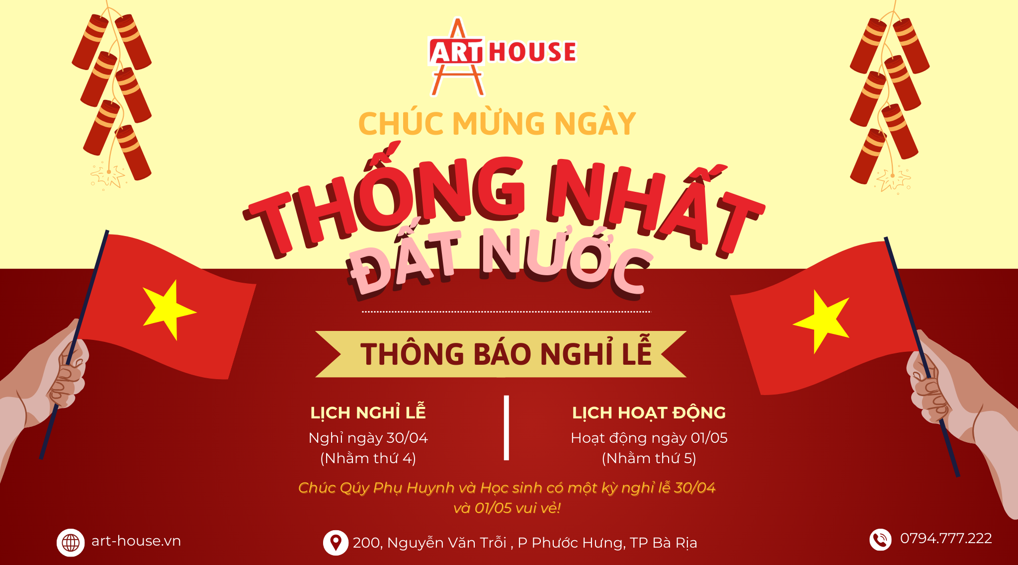 THÔNG BÁO LỊCH NGHỈ LỄ 30/4 & HOẠT ĐỘNG NGÀY 01/5